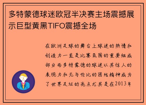 多特蒙德球迷欧冠半决赛主场震撼展示巨型黄黑TIFO震撼全场